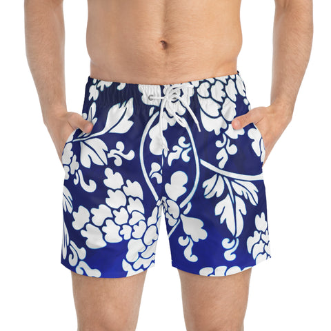 Blue Floral Men's Swimwear, Floral Oriental Style Floral Print Swim Trunks For Men (US Size: XS-3XL) Floral Print Mid-Length Shorts Beach Pockets Mesh Lining Drawstring Luxury Cool Guys Casual Bathing Suit Plus Size Available Swimwear For Men