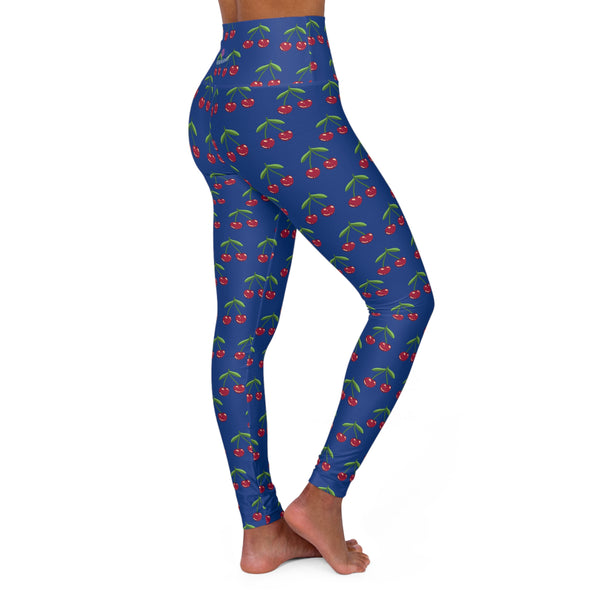 Cherries Print Blue Women's Tights, High Waisted Yoga Leggings