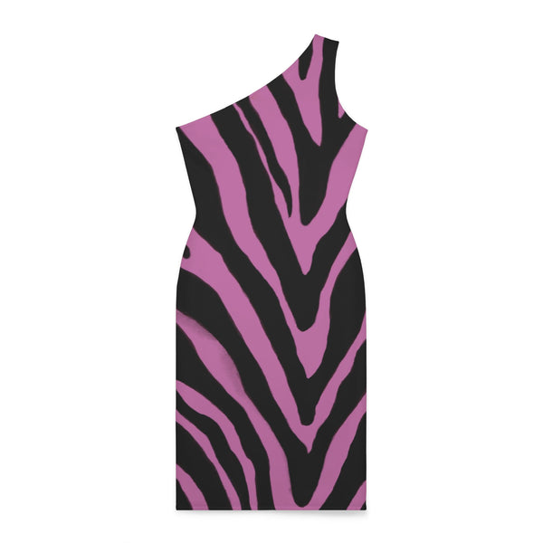 Light Pink Zebra Shoulder Dress, Zebra Pattern Women's Shoulder Dress, Light Pink and Black Best Knee-Length Fitted Stretchy Designer Animal Print Off-The-Shoulder Sleeveless Dress &nbsp;- Made in USA (US Size: XS-XL)