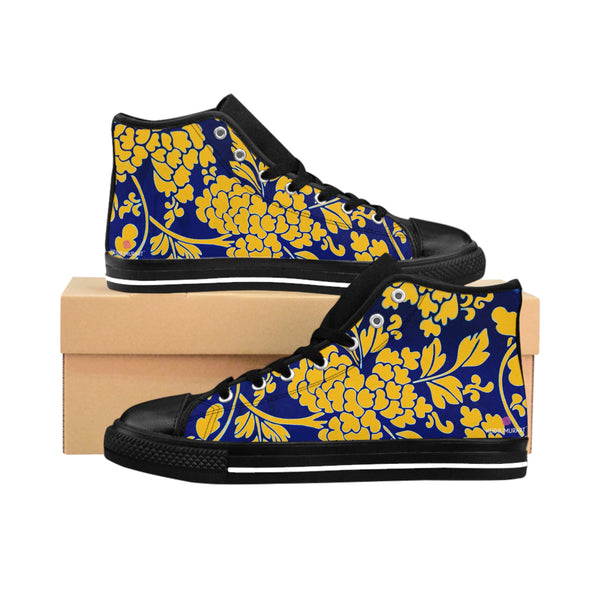 Yellow Floral  Men's High Tops, Blue Floral Print Best Designer Men's Classic Sneakers