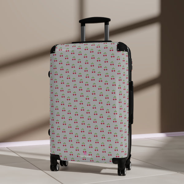 Light Grey Cherry Print Suitcase, Cute Red Cherries Print Designer Suitcases, Travel Bag Suitcases