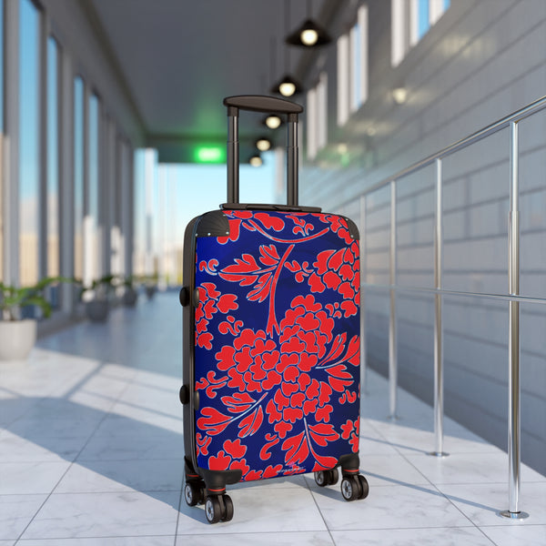 Red Blue Floral Print Suitcase, Abstract Oriental Style Floral Print Designer Suitcases, Travel Bag Suitcases (Small, Medium, Large)