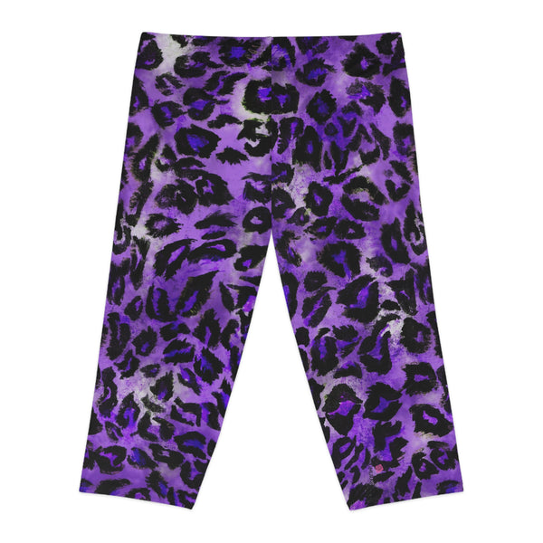 Purple Leopard Women's Capri Leggings, Modern Leopard Animal Print American-Made Best Designer Premium Quality Knee-Length Mid-Waist Fit Knee-Length Polyester Capris Tights-Made in USA (US Size: XS-2XL) Plus Size Available