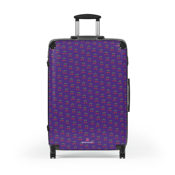 Purple Cherry Print Suitcase, Cute Red Cherries Print Designer Suitcases, Travel Bag Suitcases