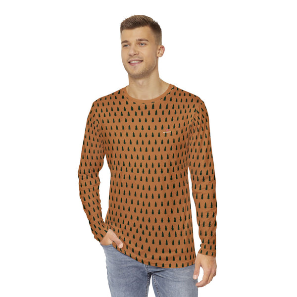 Brown Christmas Tree Men's Long Sleeves, Men's Long Sleeve Shirt (AOP) - Made in USA