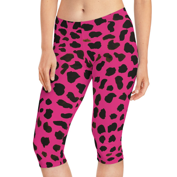 Pink Cow Spots Women's Tights, Cow Spots Print Women's Capri Leggings, Cow Animal Print American-Made Best Designer Premium Quality Knee-Length Mid-Waist Fit Knee-Length Polyester Capris Tights-Made in USA (US Size: XS-2XL) Plus Size Available