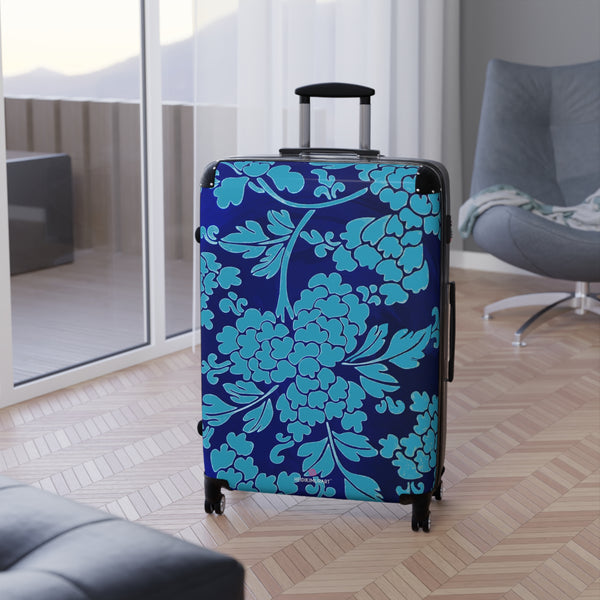 Blue Floral Print Suitcase, Abstract Oriental Style Floral Print Designer Suitcases, Travel Bag Suitcases (Small, Medium, Large)