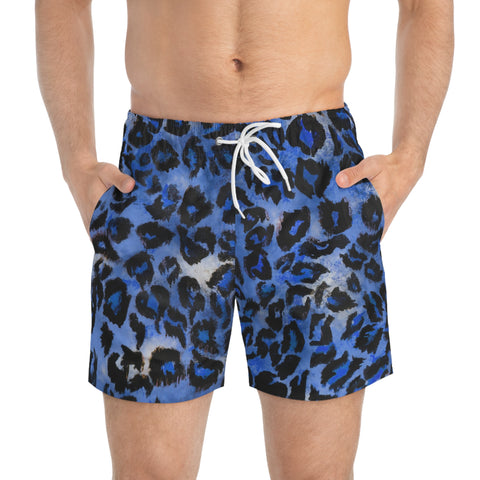 Blue Leopard Men's Swim Trunks, Blue Best Designer Leopard Animal Print Swim Trunks For Men (US Size: XS-3XL)&nbsp;Animal Print Mid-Length Shorts Beach Pockets Mesh Lining Drawstring Luxury Cool Guys Casual Bathing Suit Plus Size Available Swimwear For Men