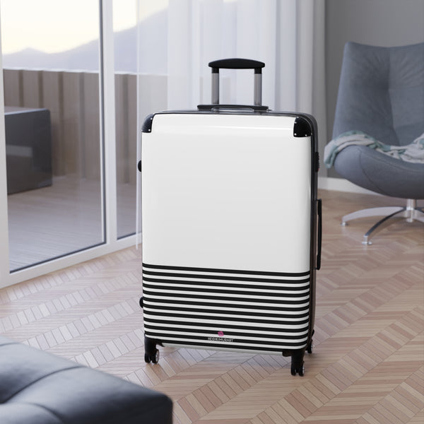 Horizonal Striped Print Suitcases, Black White Stripes Print Best Suitcases, Travel Bag Suitcases