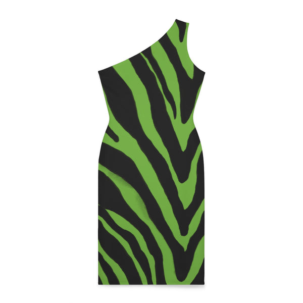 Green Zebra Shoulder Dress, Zebra Pattern Women's Shoulder Dress, Green and Black Best Knee-Length Fitted Stretchy Designer Animal Print Off-The-Shoulder Sleeveless Dress &nbsp;- Made in USA (US Size: XS-XL)