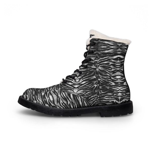 Men's Black Zebra Fur-Lined Leather Boots — Insulated Winter Combat Style