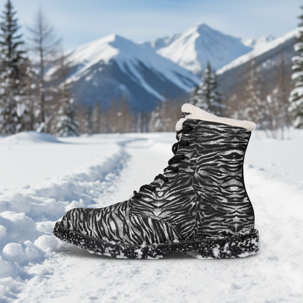 Men's Black Zebra Fur-Lined Leather Boots — Insulated Winter Combat Style