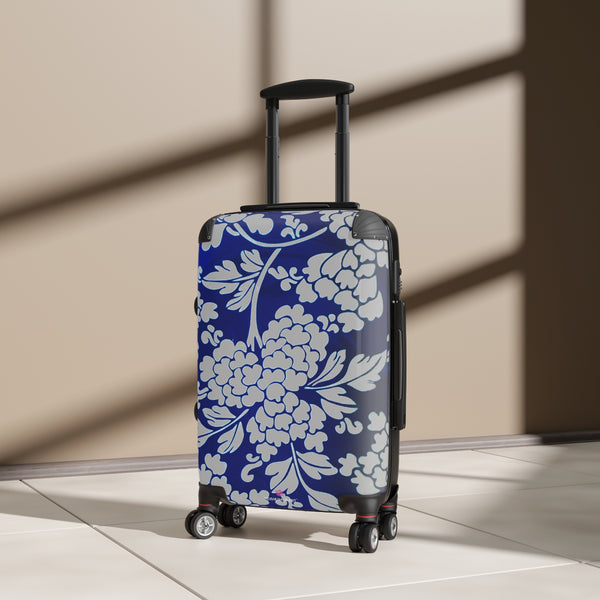 Grey Blue Floral Print Suitcase, Abstract Oriental Style Floral Print Designer Suitcases, Travel Bag Suitcases (Small, Medium, Large)