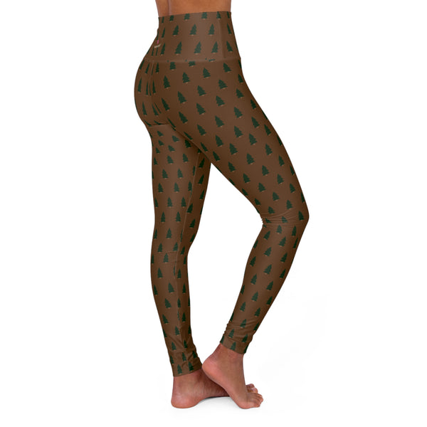 Brown Christmas Tree Yoga Tights, High Waisted Women's Yoga Leggings