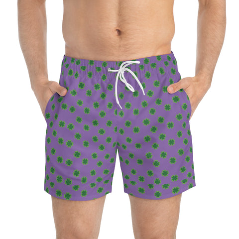 Purple Clover Leaf Swim Trunk, Colorful Green St. Patrick's Day Best Designer Green Clover Leaves Print Swim Trunks For Men (US Size: XS-3XL) Designer Mid-Length Shorts Beach Pockets Mesh Lining Drawstring Luxury Cool Guys Casual Bathing Suit Plus Size Available Swimwear For Men