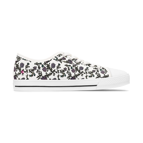 White Purple Floral Women's Sneakers, Floral Print Best Women's Low Top Canvas Sneakers (US Size: 5.5-12)