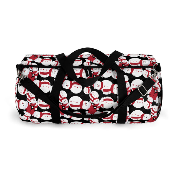 Black Snow Man Duffel Bag, Christmas Snow Man&nbsp;All Day Small Or Large Size Duffel Gym Workout Bag, Made in USA, Small Duffle Bag, Large Duffle Bag, Sports Soft Nylon Duffle Bag Travel Luggage