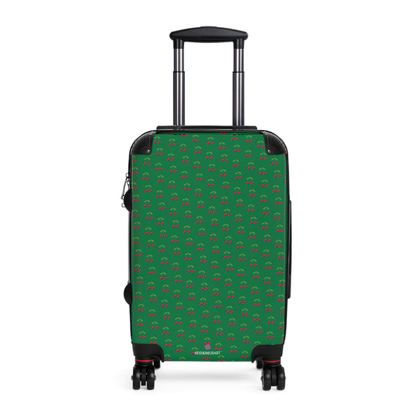 Green Cherry Print Suitcase, Cute Red Cherries Print Designer Suitcases, Travel Bag Suitcases