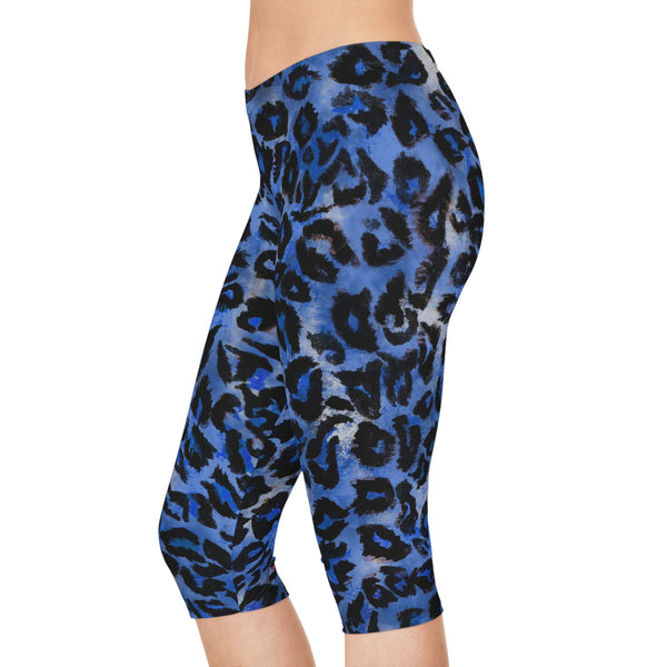 Blue Leopard Women's Capri Leggings, Modern Leopard Animal Print American-Made Best Designer Premium Quality Knee-Length Mid-Waist Fit Knee-Length Polyester Capris Tights-Made in USA (US Size: XS-2XL) Plus Size Available