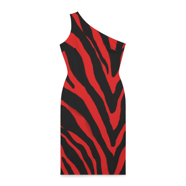 Red Zebra Shoulder Dress, Zebra Pattern Women's Shoulder Dress, White and Black Best Knee-Length Fitted Stretchy Designer Animal Print Off-The-Shoulder Sleeveless Dress &nbsp;- Made in USA (US Size: XS-XL)