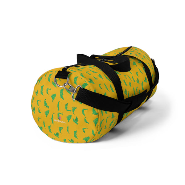 Yellow Crane Print Duffel Bag, Green Japanese Crane Print Pattern Print Designer Premium All Day Small Or Large Size Duffel or Gym Bag, Made in USA, Womens Large Patterned Duffle Bag, Gym Bag For Ladies, Patterned Duffle Bag