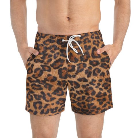 Brown Leopard Men's Swim Trunks, Beige Brown Best Designer Beige Brown Leopard Animal Print Swim Trunks For Men (US Size: XS-3XL)&nbsp;Animal Print Mid-Length Shorts Beach Pockets Mesh Lining Drawstring Luxury Cool Guys Casual Bathing Suit Plus Size Available Swimwear For Men