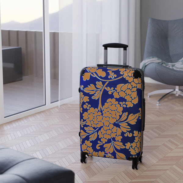 Brown Blue Floral Print Suitcase, Abstract Oriental Style Floral Print Designer Suitcases, Travel Bag Suitcases (Small, Medium, Large)