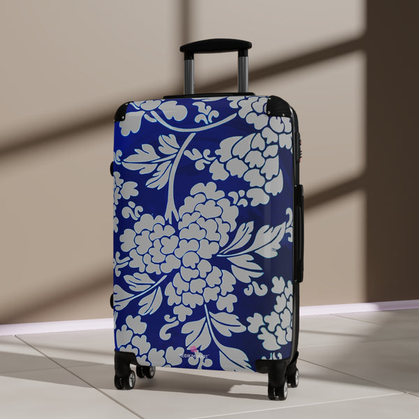 Grey Blue Floral Print Suitcase, Abstract Oriental Style Floral Print Designer Suitcases, Travel Bag Suitcases (Small, Medium, Large)