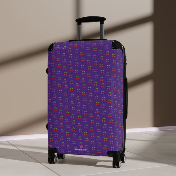 Purple Cherry Print Suitcase, Cute Red Cherries Print Designer Suitcases, Travel Bag Suitcases