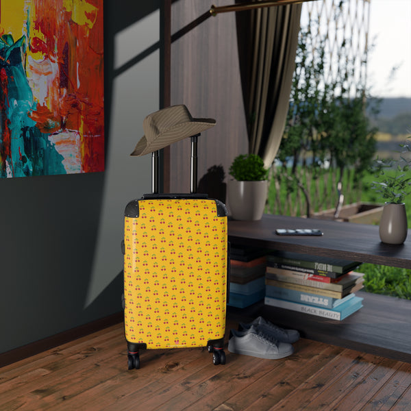 Yellow Cherry Print Suitcase, Cute Red Cherries Print Designer Suitcases, Travel Bag Suitcases