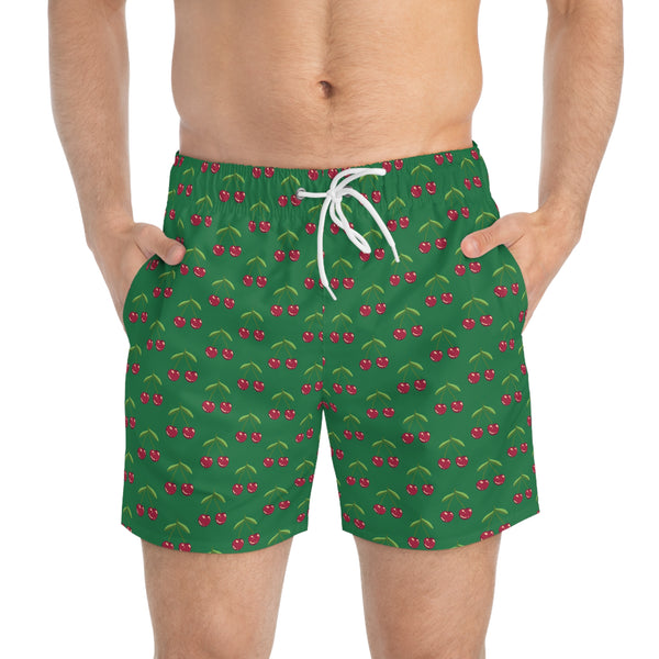 Green&nbsp;Cherries Print Men's Swimwear, Red Cherries Print Best Designer Cherries Print Swim Trunks For Men (US Size: XS-3XL) Red Cherries Print Mid-Length Shorts Beach Pockets Mesh Lining Drawstring Luxury Cool Guys Casual Bathing Suit Plus Size Available Swimwear For Men