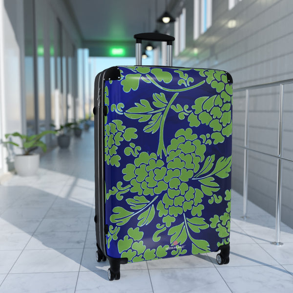 Green Blue Floral Print Suitcase, Abstract Oriental Style Floral Print Designer Suitcases, Travel Bag Suitcases (Small, Medium, Large)