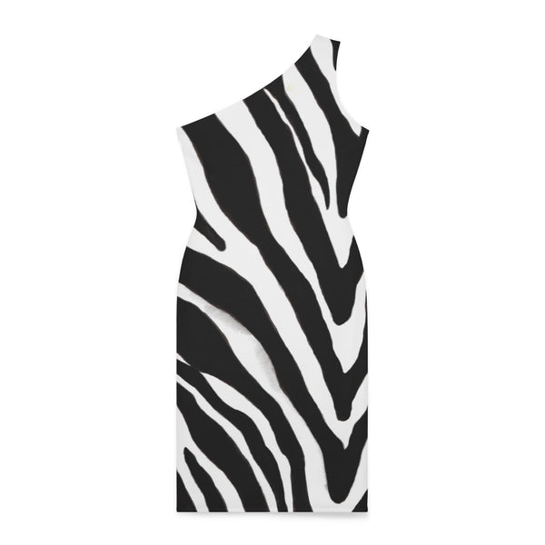 Black Zebra Shoulder Dress, Black and White Zebra Pattern Women's Shoulder Dress, White and Black Best Knee-Length Fitted Stretchy Designer Animal Print Off-The-Shoulder Sleeveless Dress &nbsp;- Made in USA (US Size: XS-XL)