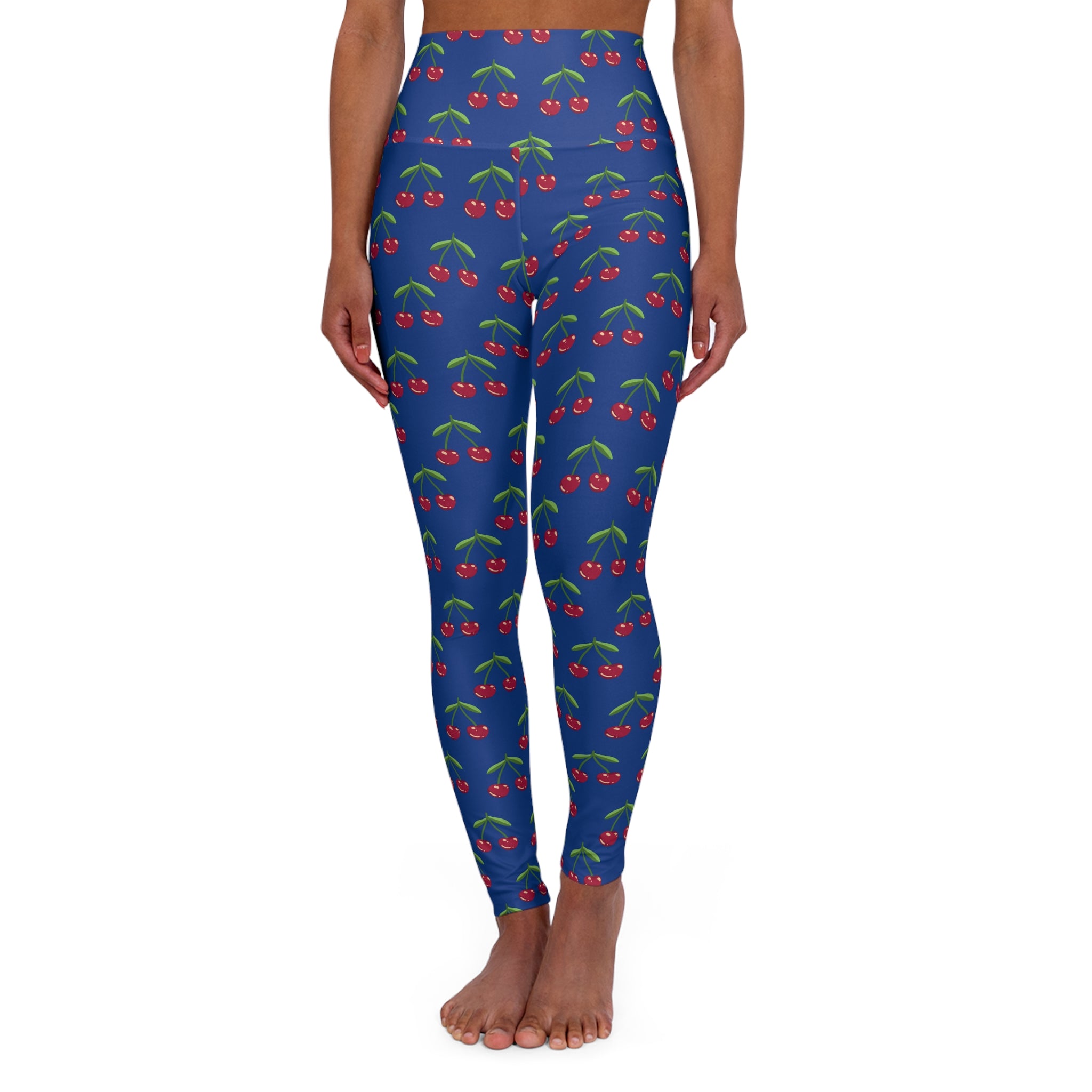 Cherries Print Blue Women's Tights, High Waisted Yoga Leggings