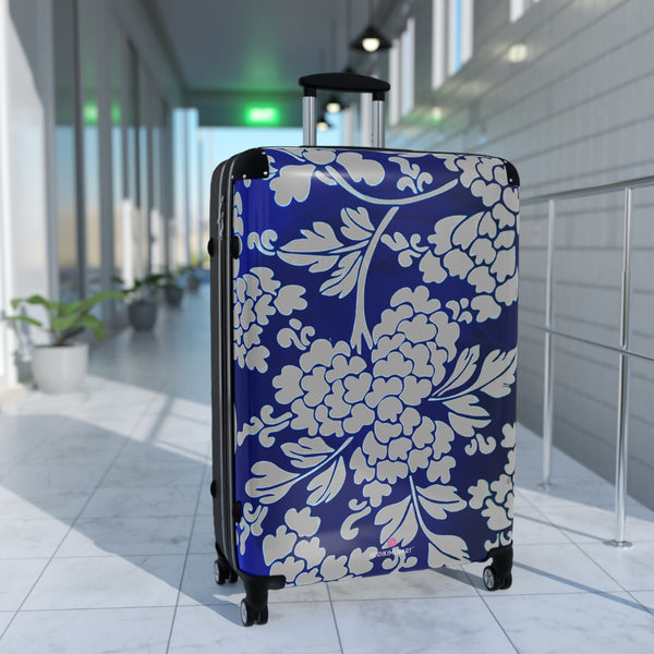 Grey Blue Floral Print Suitcase, Abstract Oriental Style Floral Print Designer Suitcases, Travel Bag Suitcases (Small, Medium, Large)