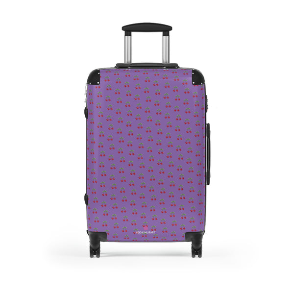 Purple Cherry Print Suitcase,  Red Cherries Print Designer Suitcases, Travel Bag Suitcases