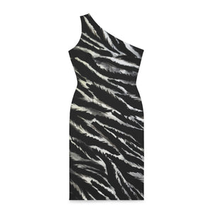 Zebra Pattern Women's Shoulder Dress, White and Black Best Knee-Length Fitted Stretchy Designer Animal Print Off-The-Shoulder Sleeveless Dress &nbsp;- Made in USA (US Size: XS-XL)