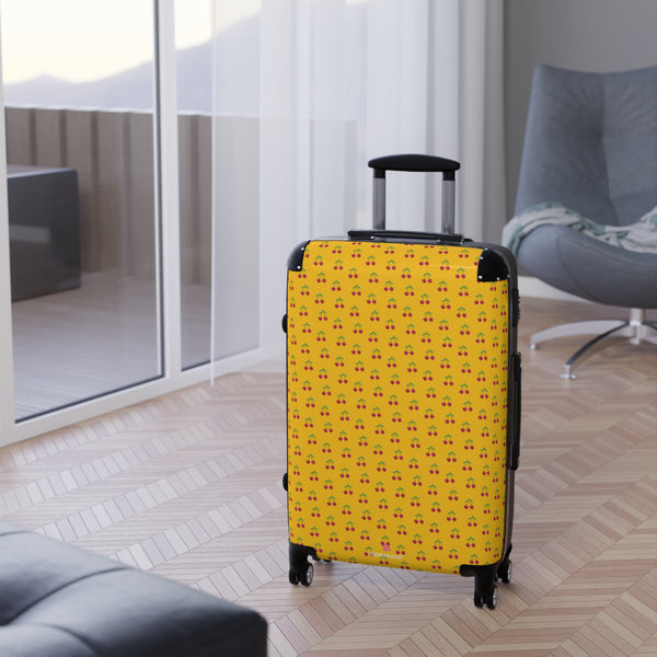 Yellow Cherry Print Suitcase, Cute Red Cherries Print Designer Suitcases, Travel Bag Suitcases