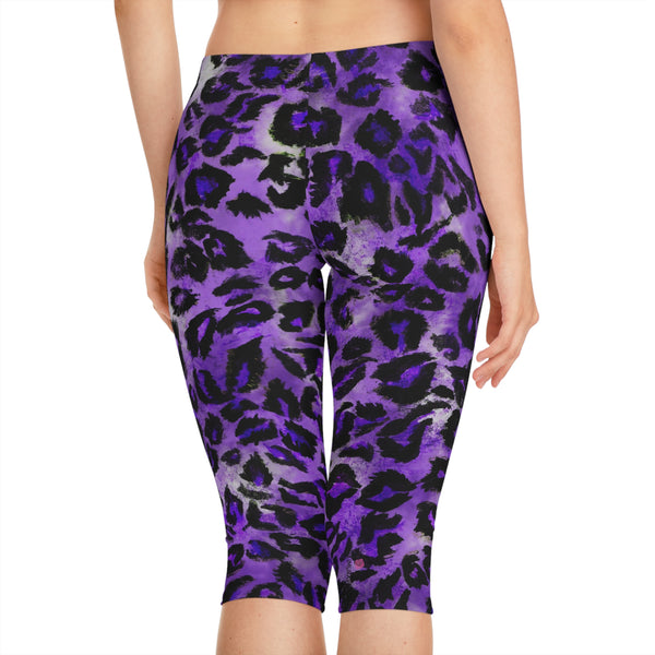 Purple Leopard Women's Capri Leggings, Modern Leopard Animal Print American-Made Best Designer Premium Quality Knee-Length Mid-Waist Fit Knee-Length Polyester Capris Tights-Made in USA (US Size: XS-2XL) Plus Size Available