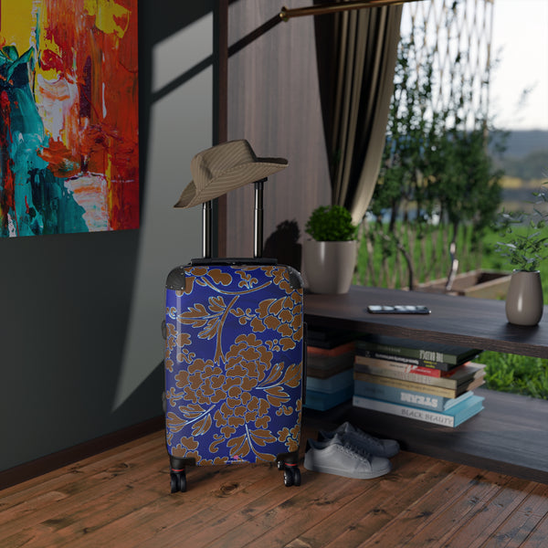 Brown Blue Floral Print Suitcase, Abstract Print Designer Suitcases, Travel Bag Suitcases (Small, Medium, Large)