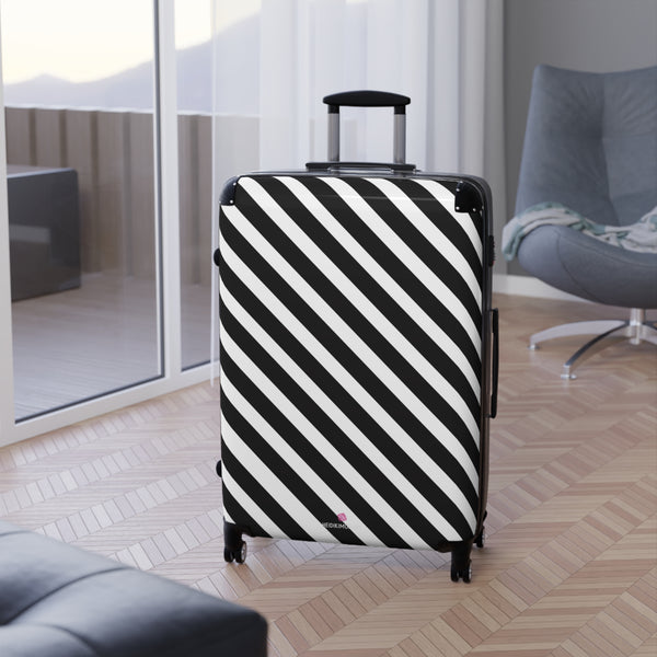 Black White Diagonal Striped Suitcases, Stripes Print Suitcases, Best Suitcases, Travel Bag Suitcases