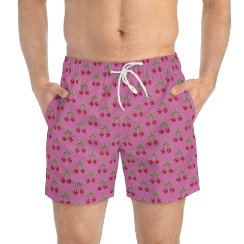 Pink Cherries Print Men's Swimwear, Red Cherries Print Best Designer Cherries Print Swim Trunks For Men (US Size: XS-3XL) Red Cherries Print Mid-Length Shorts Beach Pockets Mesh Lining Drawstring Luxury Cool Guys Casual Bathing Suit Plus Size Available Swimwear For Men