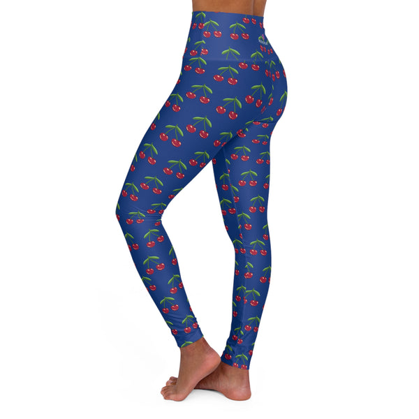 Cherries Print Blue Women's Tights, High Waisted Yoga Leggings