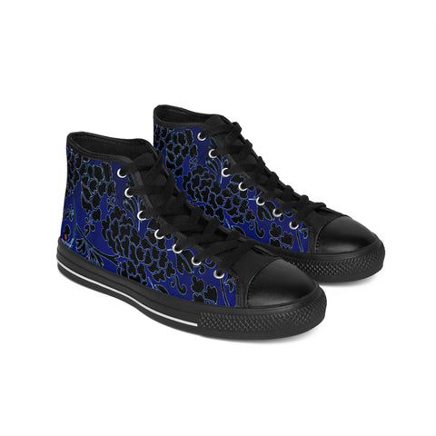 Blue Floral  Men's High Tops, Black and Blue Best Designer Men's Classic Sneakers