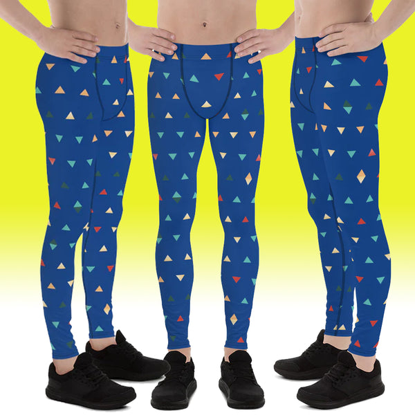 Blue Triangular Meggings, Colorful Blue Triangular Birthday Boy Geometric Print Premium Men's Yoga Pants Running Leggings & Tights- Made in USA/ Europe/ Mexico (US Size: XS-3XL) 