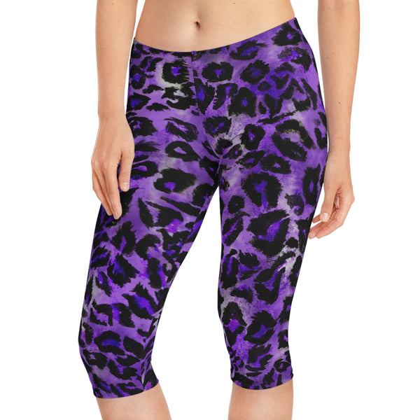 Purple Leopard Women's Capri Leggings, Modern Leopard Animal Print American-Made Best Designer Premium Quality Knee-Length Mid-Waist Fit Knee-Length Polyester Capris Tights-Made in USA (US Size: XS-2XL) Plus Size Available