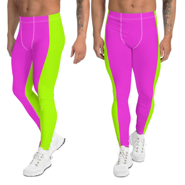 Neon Green Pink Men's Leggings, Dual Color Neon Green and Pink Striped Color Block Modern Bright Sexy Meggings Men's Workout Gym Tights Leggings, Men's Compression Running Tights Pants - Made in USA/ MX/ EU (US Size: XS-3XL) 