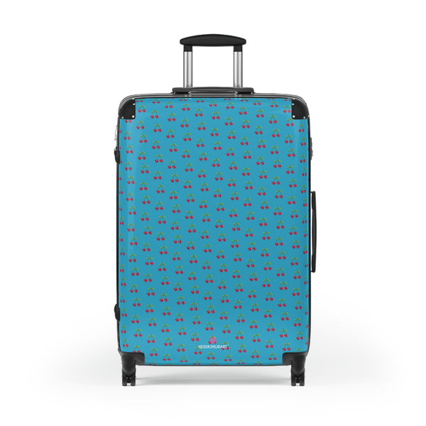 Blue Cherry Print Suitcase, Cute Red Cherries Print Designer Suitcases, Travel Bag Suitcases