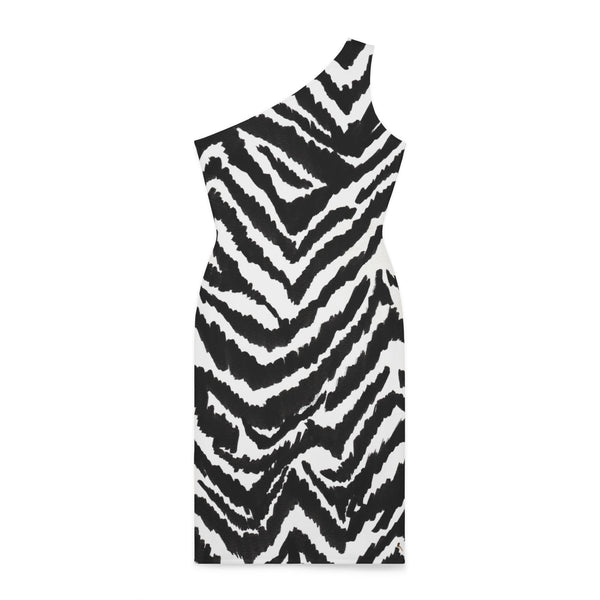 Black Zebra Shoulder Dress, Black and White Zebra Pattern Women's Shoulder Dress, White and Black Best Knee-Length Fitted Stretchy Designer Animal Print Off-The-Shoulder Sleeveless Dress &nbsp;- Made in USA (US Size: XS-XL)