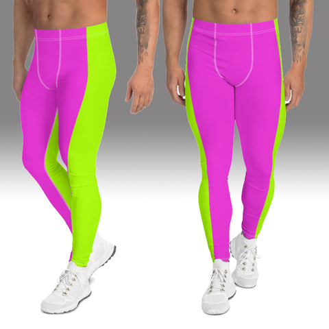 Neon Green Pink Men's Leggings, Dual Color Neon Green and Pink Striped Color Block Modern Bright Sexy Meggings Men's Workout Gym Tights Leggings, Men's Compression Running Tights Pants - Made in USA/ MX/ EU (US Size: XS-3XL) 